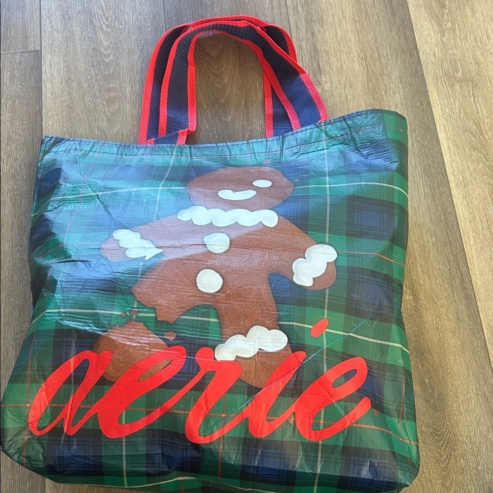 Aerie Holiday Christmas Tote Bag with Gingerbread Plaid Design - Picture 2 of 2